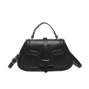 Minimalist black lychee texture leather handbag with stylish metal ring buckle for women