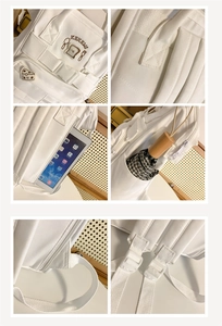Detailed views of white school backpack featuring multiple pockets and cute patches