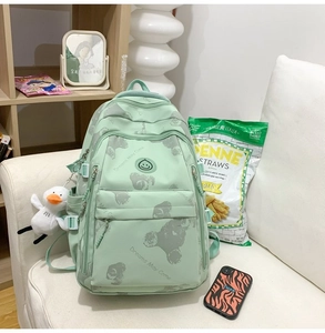 Detail of mint green school backpack with bear prints and a cute plush duck charm