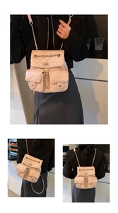 Quilted pink beige faux leather backpack with chain straps and metal twist lock details