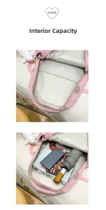 Detailed view of pink backpack interior compartments with tablet sleeve and storage space