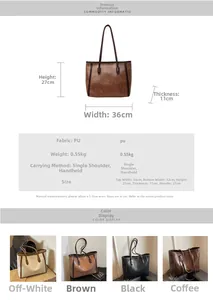 Size chart for 2024 retro PU tote bag showing 36x27x11cm dimensions and color options