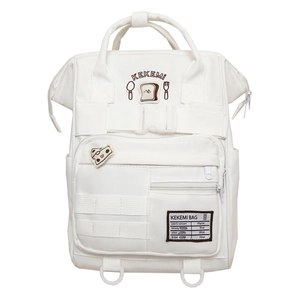 White minimalist high capacity student backpack with cute cartoon patches and multi-pockets