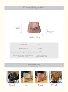 Detailed size specifications and material chart for the trendy PU leather bucket bag