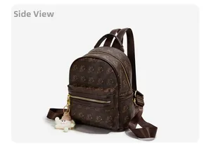 Side view of dark brown faux leather backpack with teddy bear prints and plush charm