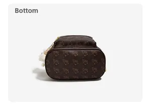 Detailed bottom view of brown backpack with bear print and sturdy sewing lines