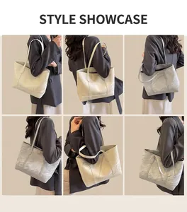 Multiple views of model styling cream white large tote bag with pleated leather texture