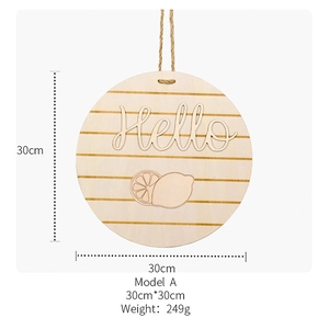 Macro view of 30cm wooden door sign featuring Model A lemon and Hello text