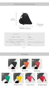 Size chart and dimensions for heart-shaped PU leather clutch bags with LOVE ribbon