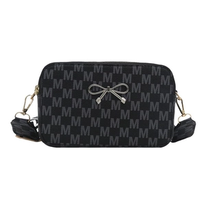 Black PU leather camera bag with M-letter print, silver bow detail and wide strap