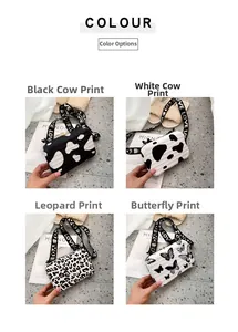 Mini suitcase-style crossbody bags featuring leopard, butterfly, and cow prints