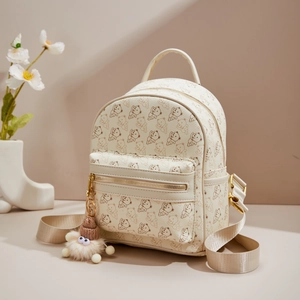 Fashion Women Mini Backpack PU Leather Cartoon Bear Print Small Travel Daypack With Cute Plush Pendant Kawaii Schoolbag