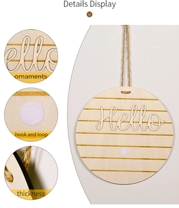 Detail display of round wooden door sign with hook and loop fasteners and rustic jute rope
