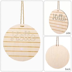 Detailed views showing front, side, and back of the round wooden DIY Hello door sign
