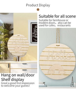 Detail of wooden Hello door sign with interchangeable heart and rainbow relief icons