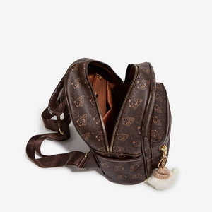 Brown mini bear print backpack for women with plush charm and golden metal zippers