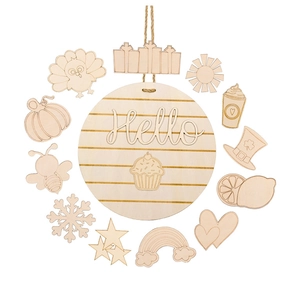 Detail of wooden Hello door sign with twelve interchangeable seasonal themed accessories
