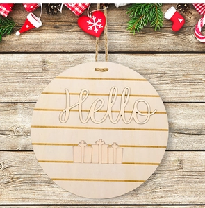 Close-up of a round wooden welcome sign with 3D Hello text and gift box motifs