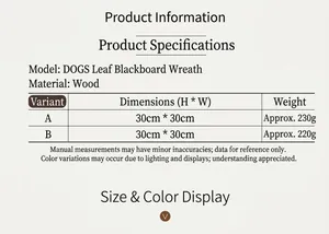 Detailed size chart for rustic wooden dog door wreath with dimensions and weight specs