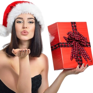 Christmas red black plaid ribbon with snowflake pattern on gift box and plush santa hat