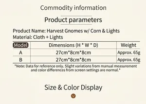Size chart showing dimensions of the 27cm glowing corn gnome for harvest decor