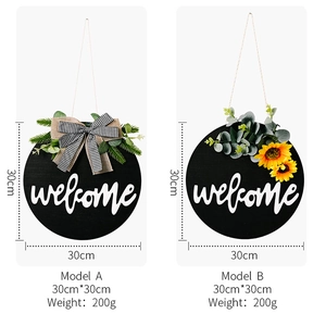 Detail view of 30cm wooden welcome door sign with sunflower and plaid bow options