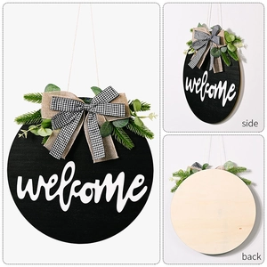 Detailed views of wooden welcome door sign showing front, side, and back angles.