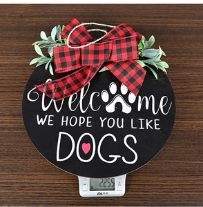 Weight measurement of rustic wooden Welcome dog door sign with buffalo plaid bow and greenery