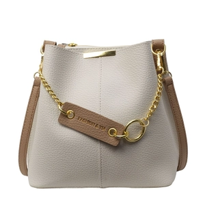 Chic beige bucket bag with litchi grain leather and gold chain for women 2024