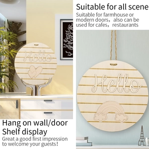 Round wooden door sign with 3D Hello text and interchangeable icons for home decor