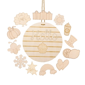 DIY wooden round door sign kit with 12 interchangeable seasonal icons and Hello lettering