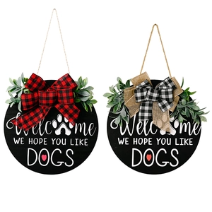 Set of two rustic wooden welcome signs with plaid bows and artificial greenery for home decor