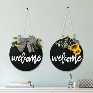 Rustic Wooden Welcome Door Sign Round Hanging Plate Sunflower Bow Artificial Plants Home Entry Porch Decor Farmhouse Gift