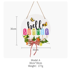 Détail d'une plaque ronde hello SUMMER en bois, dimensions 30cm et poids 177g