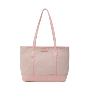 Pink large capacity tote bag with pleated texture and leather straps for women