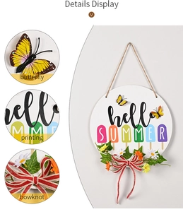 Détails du panneau Hello Summer en bois avec glaces, papillons 3D et nœud en ruban rayé