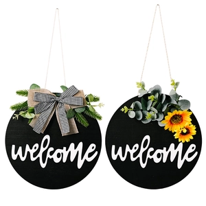 Rustic wood welcome sign with sunflower and bow decor for front door hanging