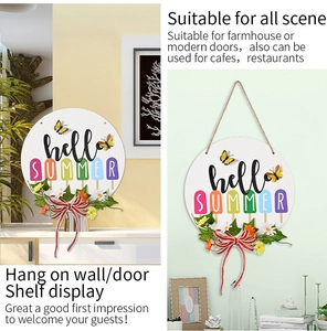 Détail de plaque de porte Hello Summer avec papillon, marguerites et nœud en jute