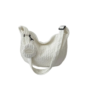 White pleated nylon crescent shoulder bag with detachable mini pouch for women