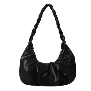 Chic black pleated hobo bag with braided strap and cloud-shaped crescent design