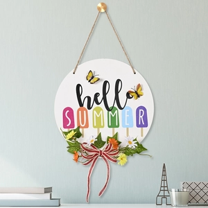 Plaque de Porte en Bois Rustique Bienvenue Été Avec Fleurs Artificielles Papillon Nœud Été Hello Summer Décor de Ferme Enseigne Murale