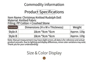 Detailed size chart for knitted Christmas gnomes with specific material information