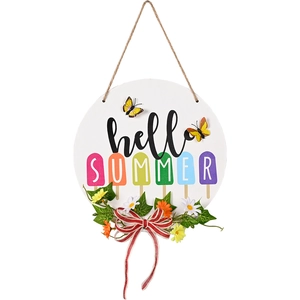 Panneau de porte Hello Summer en bois avec papillons 3D et nœud floral décoratif