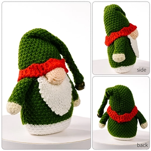 Three-view display of knitted Christmas gnome with green hat and red scarf detail