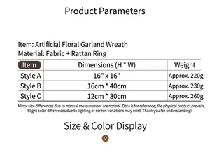 Detailed size chart for artificial tulip wreaths with rattan base and cloth petals