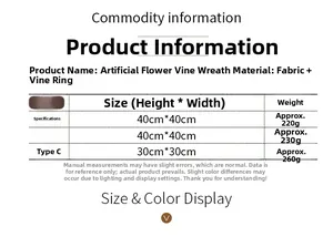 Detailed size chart for artificial tulip wreaths with rattan base and cloth petals
