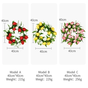 Detailed size comparison for 40cm artificial tulip wreaths in red, yellow, and pink colors