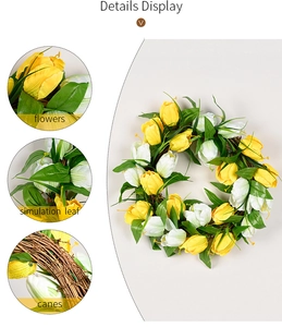 Detail display of artificial tulip wreath showing realistic flowers, leaves and cane base