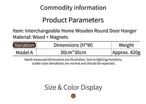 Detailed size chart and specifications for wooden home welcome door hanger with magnet