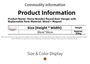 Detailed size chart and specifications for wooden home welcome door hanger with magnet